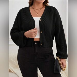 Shein CURVE WOMENS Black Waffle Long Slv Crop Top BUTTON UP PLUS SIZE 2XL Thin